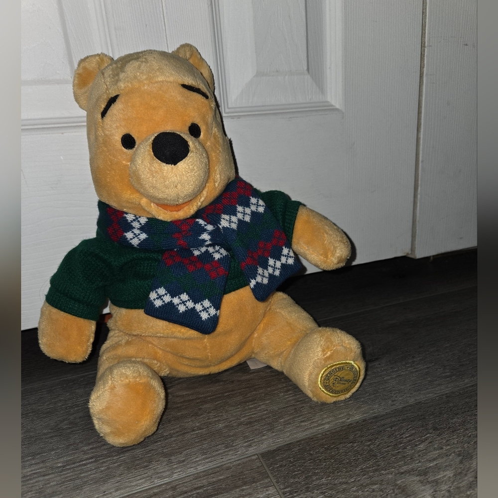 Vintage The Disney Store Winnie the Pooh Plush with Green Sweater and Scarf 12'